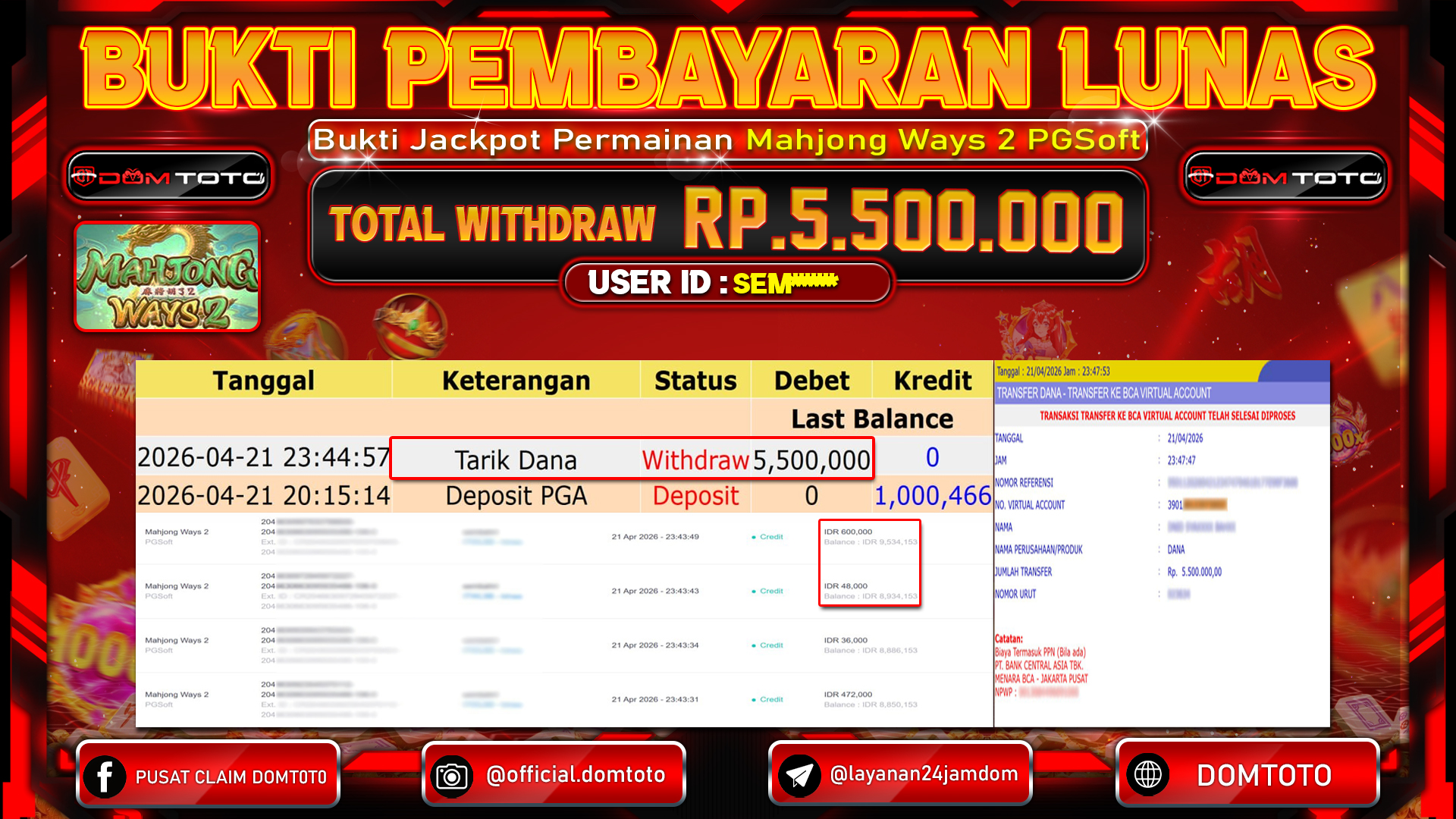 JACKPOT SLOT Mahjong Ways 2 PGSoft 21 APRIL 2026